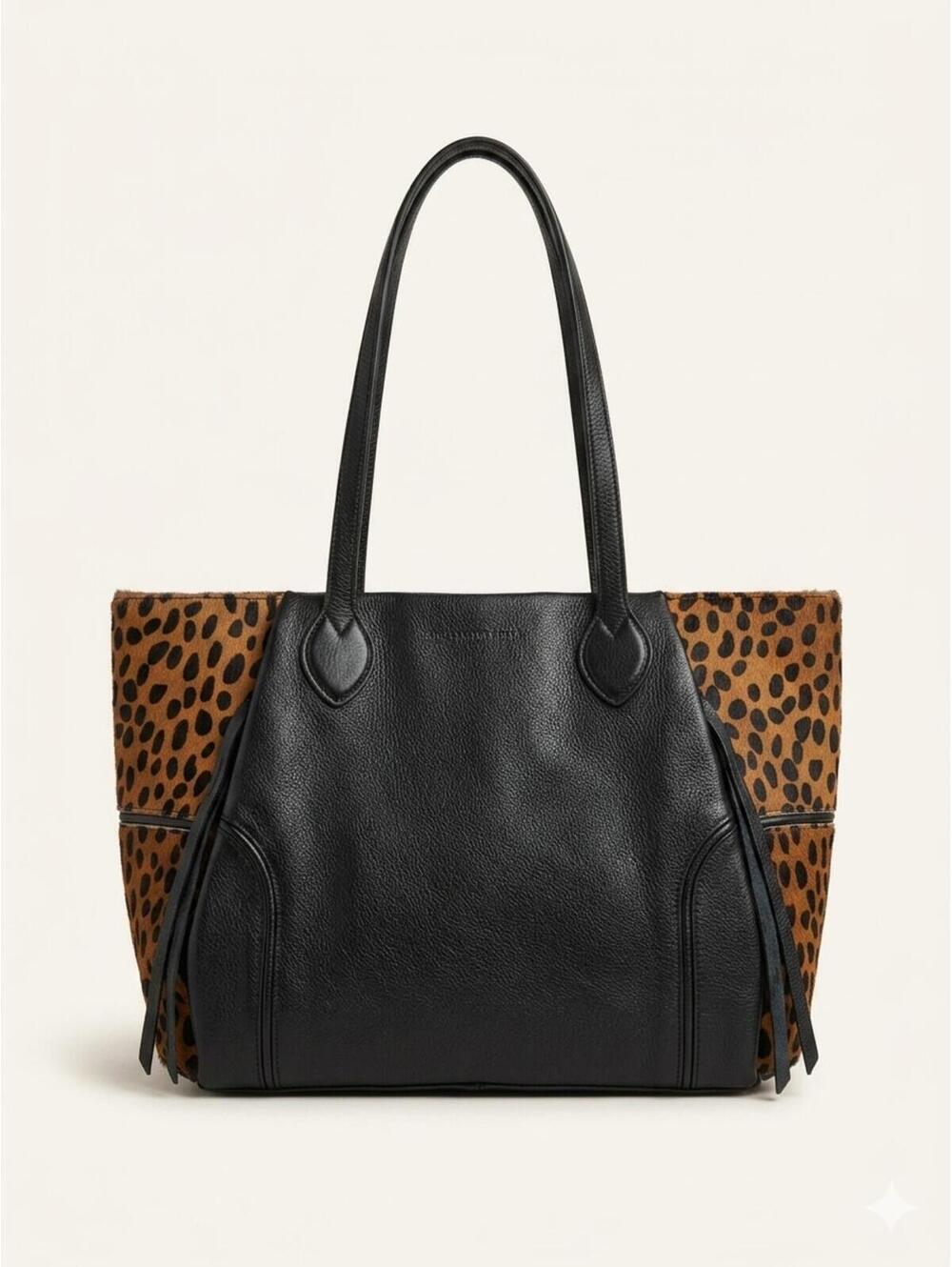 Aimee Kestenberg Chelsea Novelty Black Leather and Cheetah Print Hair On Tote